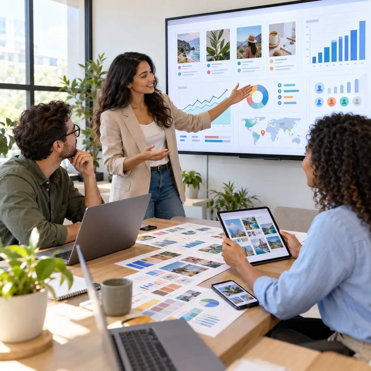 Marketer presenting digital marketing plans and performance results on a computer screen.