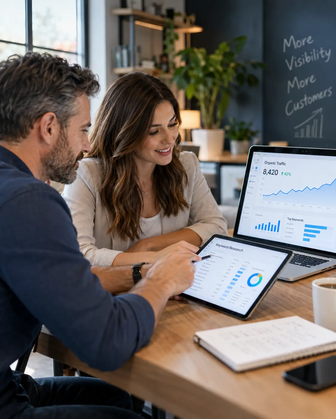Man presenting SEO performance results on a computer screen, highlighting growth achieved through affordable SEO services.