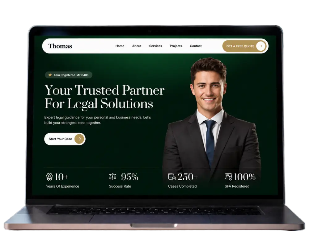 Laptop showing a bankruptcy lawyer website design with a dark green legal homepage, lawyer photo, CTA button, and trust stats.