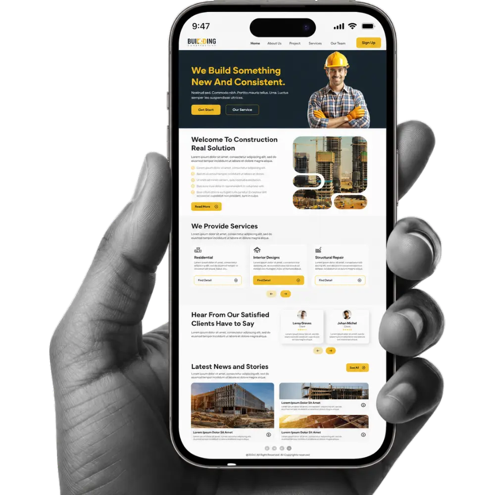 Hand holding a smartphone showing a modern construction web design with service sections, project images, client reviews, and clear navigation.