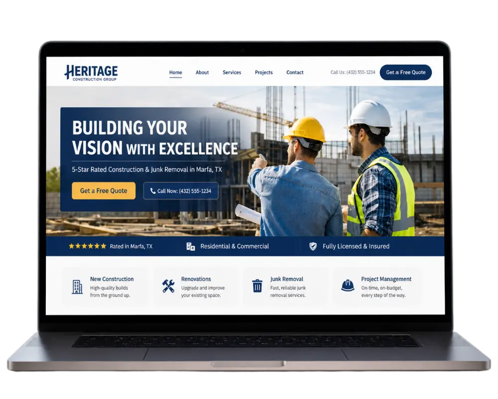Laptop displaying a professional construction website design services layout with project visuals, service icons, and clear quote buttons for contractors.