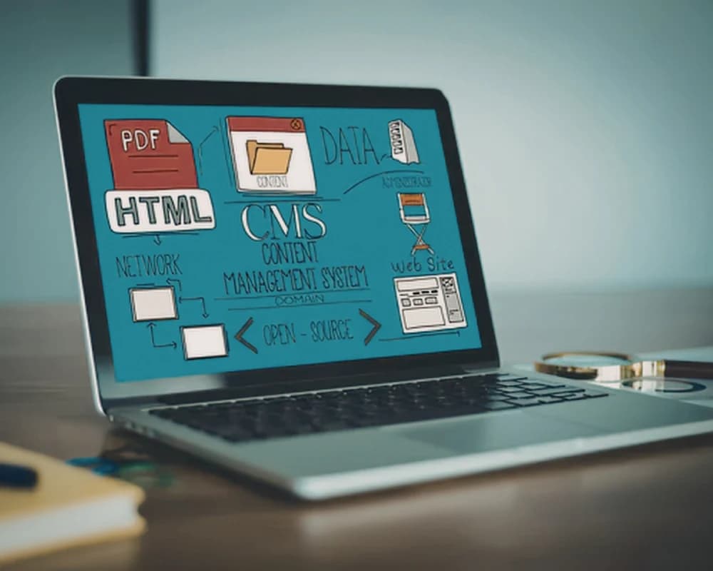 Laptop displaying CMS tools for managing website content through a content management portal.