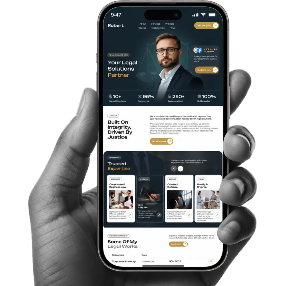 Hand holding a smartphone showing a modern law firm web design with practice area sections, attorney profiles, client reviews, and clear navigation.