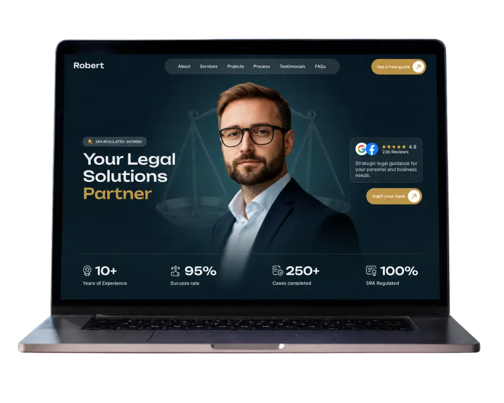 Laptop displaying a professional custom law firm website design layout with practice area sections, attorney profiles, and clear call-to-action buttons for legal consultations.