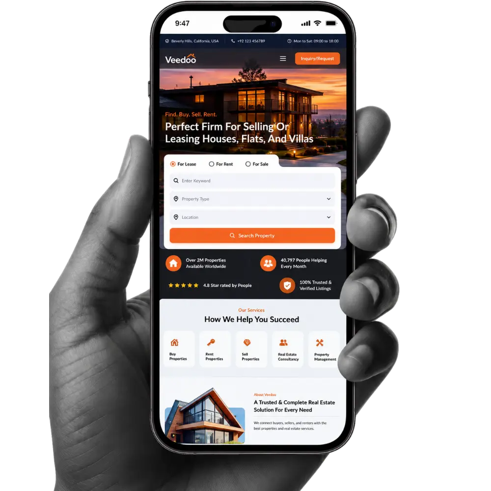 Web development company showcasing a responsive real estate website design on a mobile phone screen with property search features and modern UI.