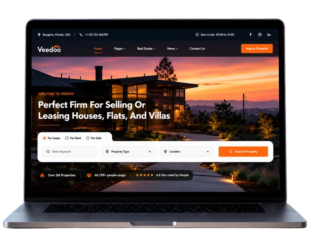 Custom web development services displayed on a laptop screen with a modern real estate website design and professional property search layout.