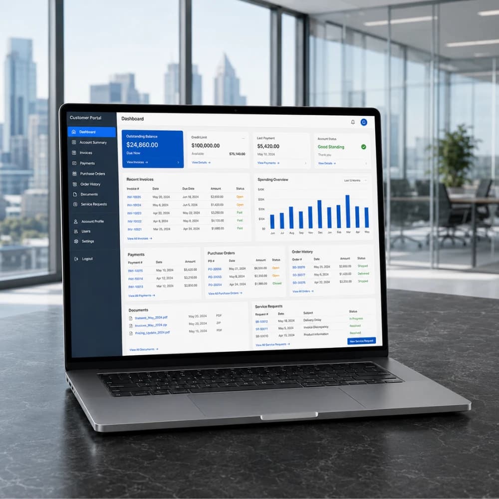Laptop displaying a B2B custom self-service portal with invoices, orders, payments, and account details.