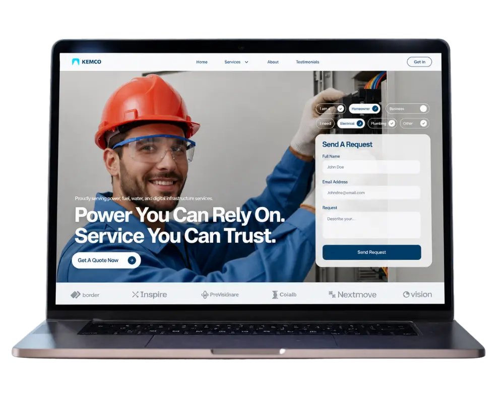 Laptop mockup showing a professional service homepage with an electrician hero image and quote form, highlighting modern electrician website design.