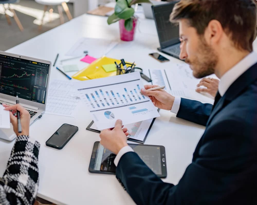 Business professionals reviewing charts and financial data for enterprise web portal development.