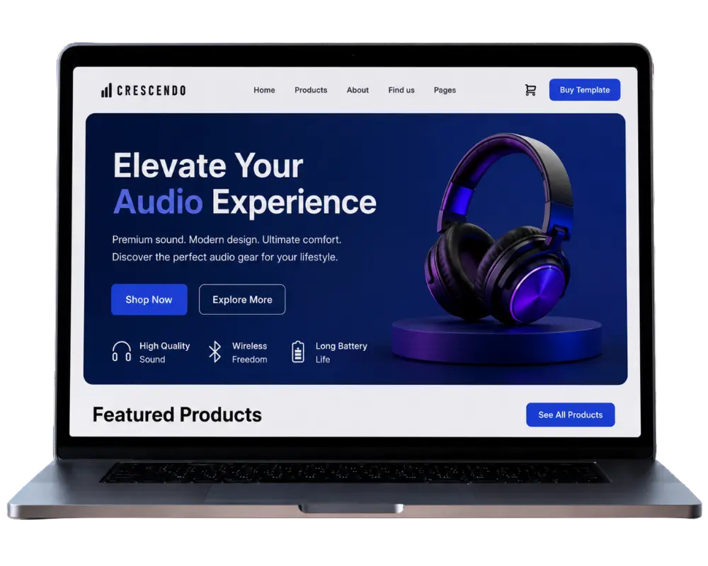 Laptop displaying a modern headphone eCommerce website built with headless WordPress development services.