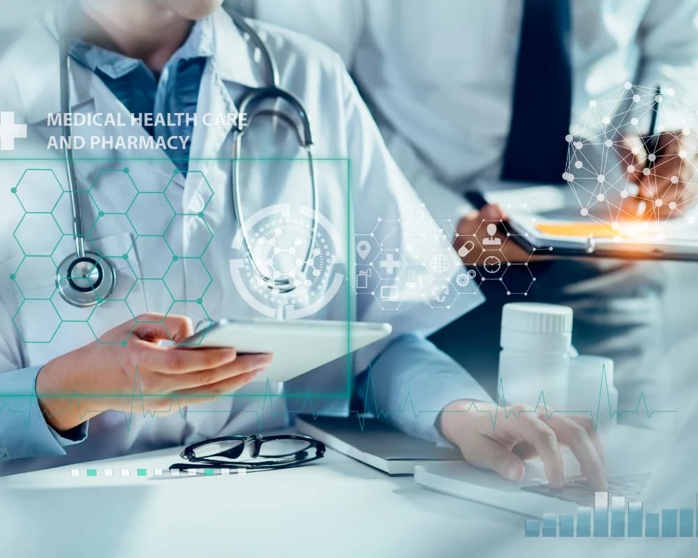 Healthcare professionals using digital medical tools through healthcare web portals.