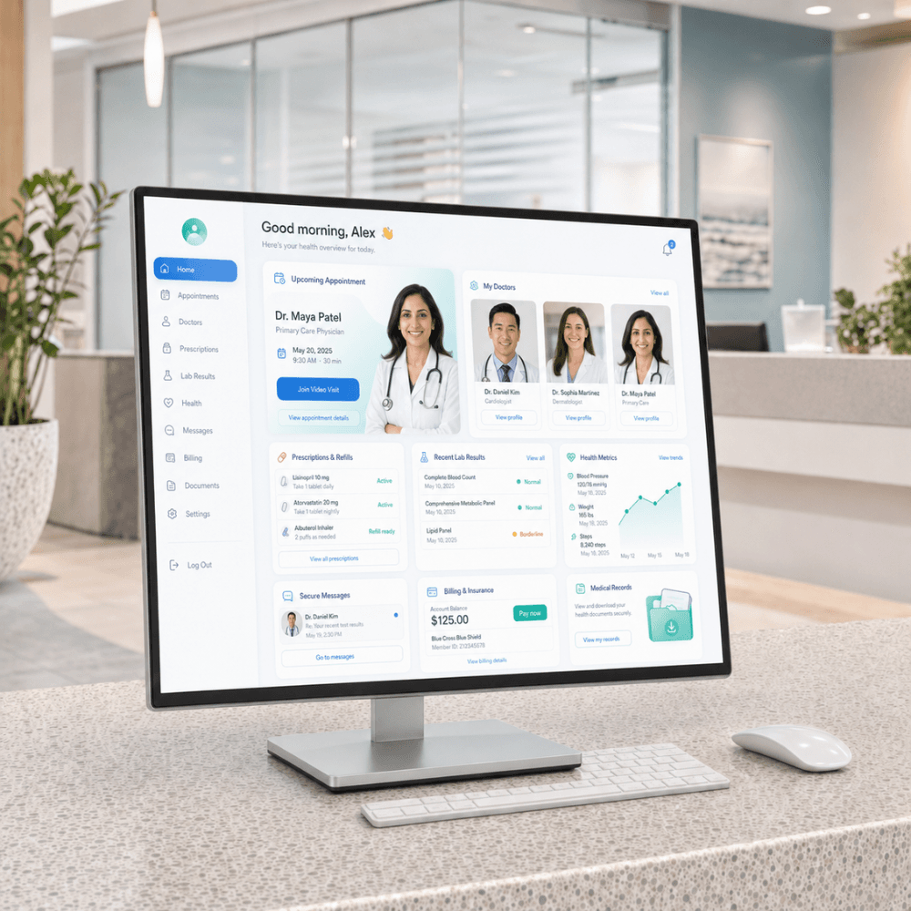 Desktop screen displaying a healthcare patient portal with doctor profiles, appointments, prescriptions, and health records.