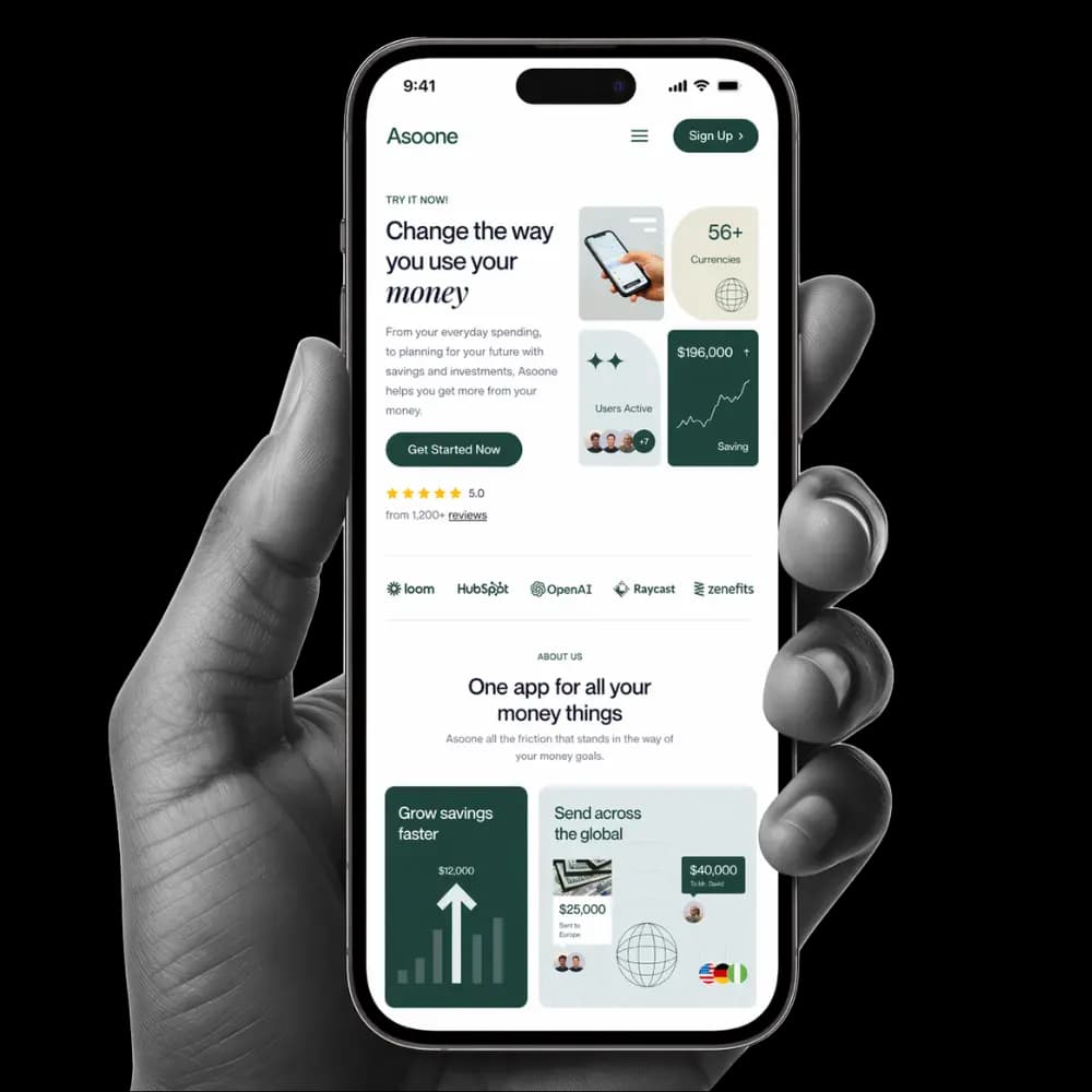 Hand holding a phone with a clean finance website layout, showing a modern hedge fund web design for investment and wealth firms.