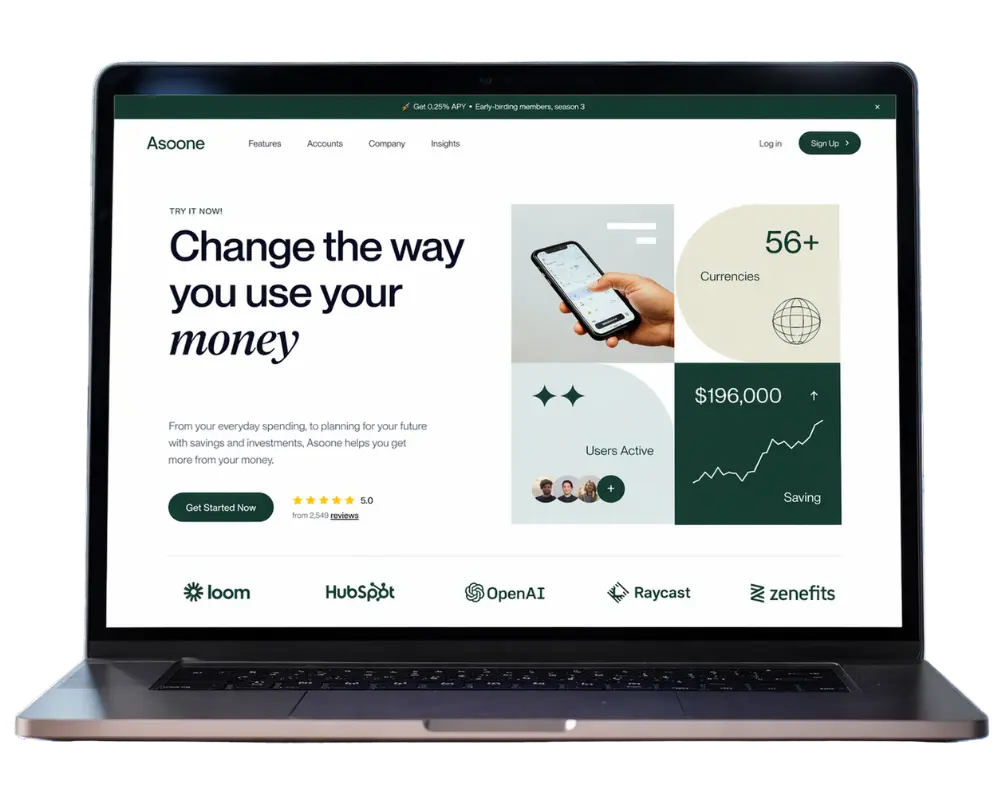 Laptop mockup showing a clean finance homepage UI, used to highlight modern hedge fund website design for investment firms.
