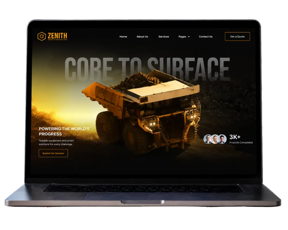 Inustrial website design displayed on a laptop screen, featuring a dark mining and construction homepage with a large dump truck, bold hero section, service CTA, and yellow brand accents.