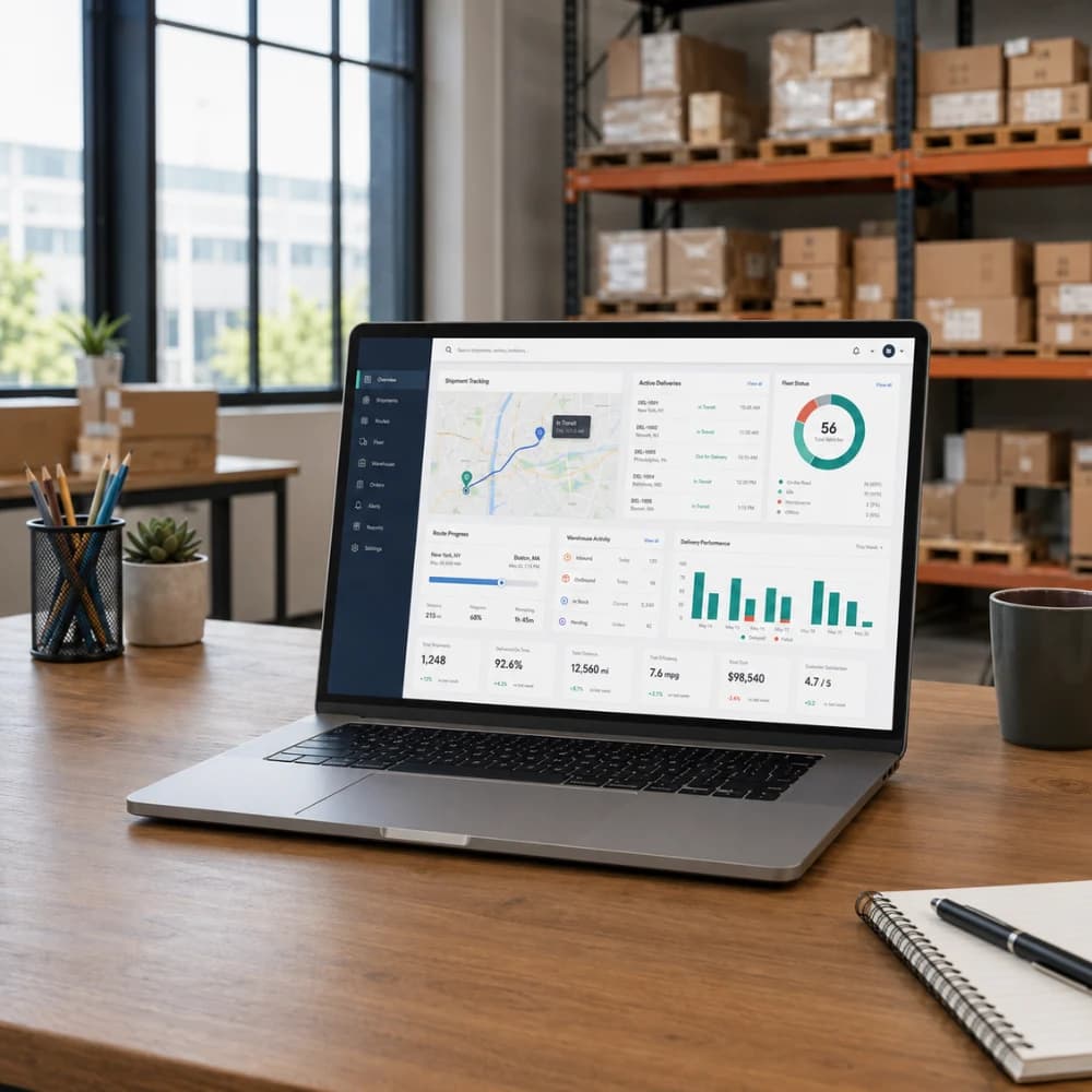 Laptop displaying a logistics operations portal dashboard in a warehouse office.