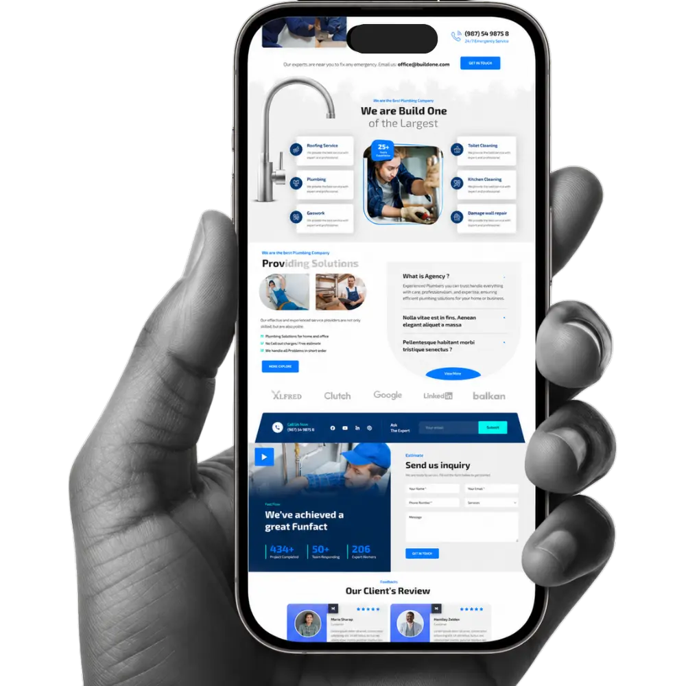 A smartphone displaying a plumber web development layout with service sections, contact forms, and plumbing solutions, designed for easy navigation and customer inquiries.