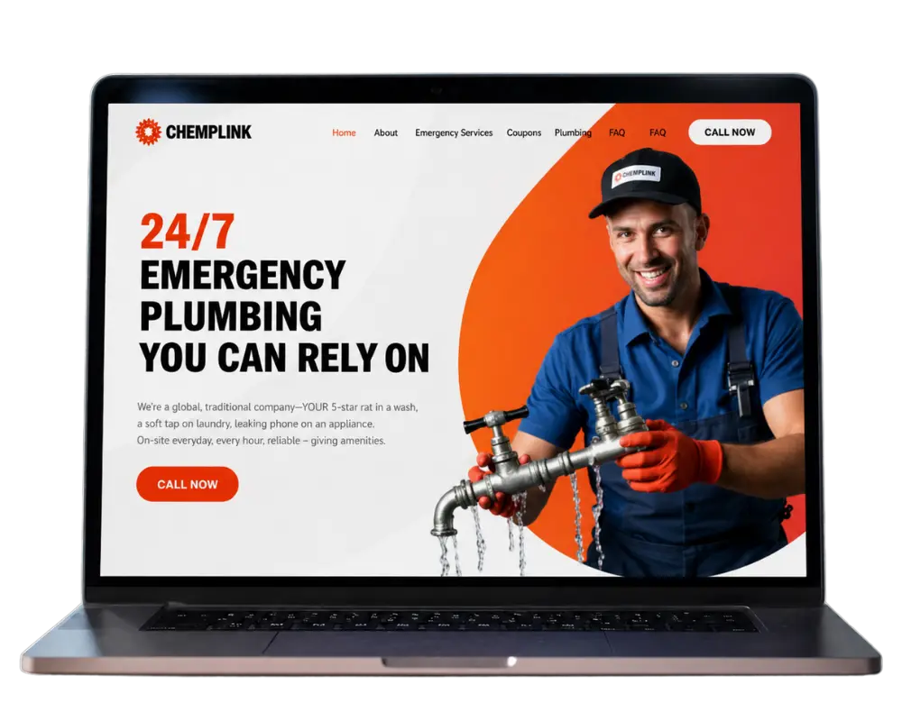 A laptop displaying a plumber web design layout for emergency plumbing services, featuring a technician holding pipes with a bold 24/7 service message and clear call-to-action.