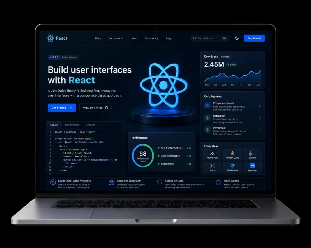 Modern laptop displaying a React interface with code, performance metrics, and UI components for professional ReactJS web development services.