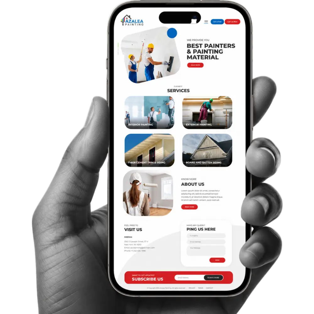A mobile phone displaying a tradesman web development design for Painting brand, featuring services like interior and exterior painting, siding, and easy contact options with a user-friendly interface.