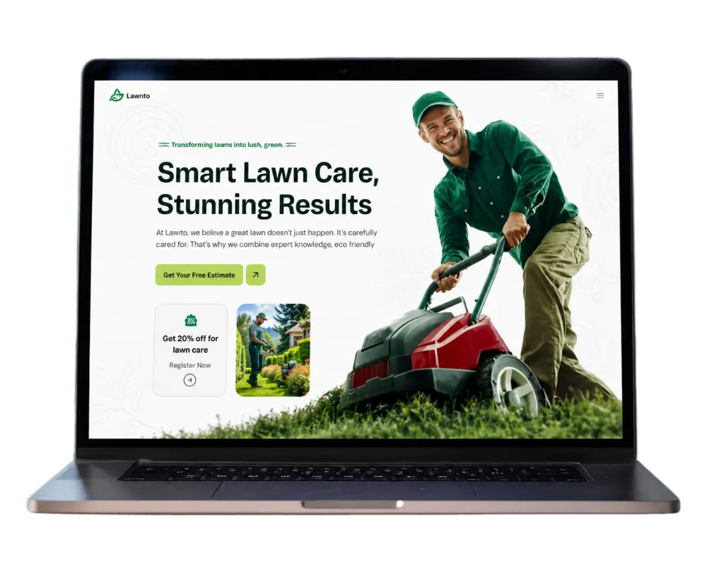 A laptop displaying a tradesman website design featuring a lawn care service, showcasing a man mowing the lawn with a vibrant, user-friendly interface offering free estimates and discounts.