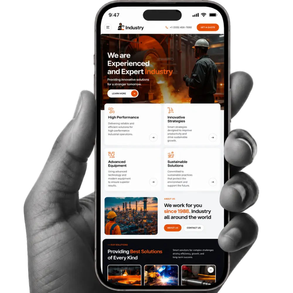 Web development for industrial companies shown on a smartphone screen, featuring a modern industry website with factory visuals, service cards, orange accents, and a clean mobile layout.
