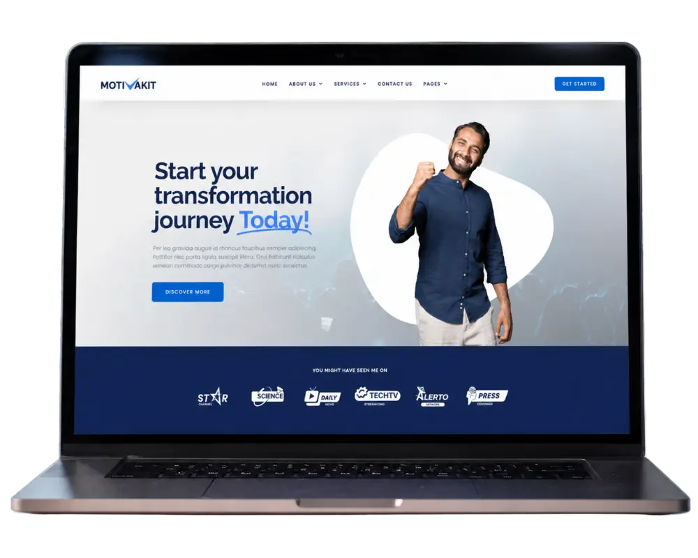 Laptop mockup showing a motivational coaching homepage layout, highlighting clean and professional web design for coaches.