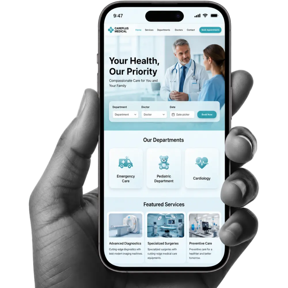 Website design for medical practices displayed on a smartphone screen, showing a modern healthcare homepage with appointment booking, doctor search, departments, and featured medical services.