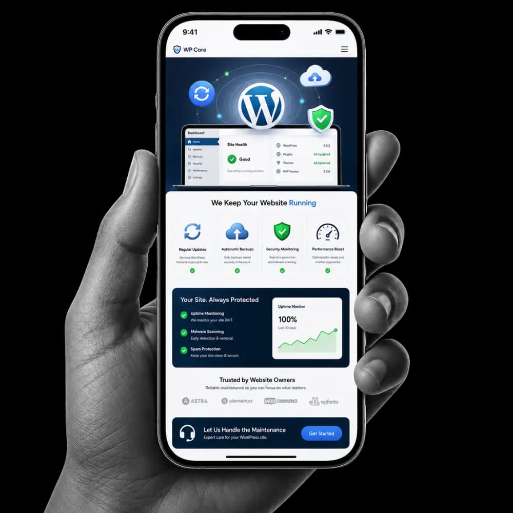 Hand holding a smartphone showing a WordPress maintenance company app with site health checks, updates, backups, security monitoring, and performance tools.