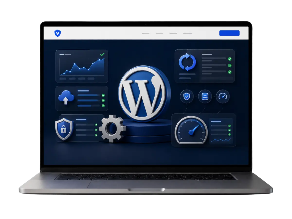 Laptop displaying WordPress maintenance services with security, backups, updates, monitoring, and website performance optimization tools.