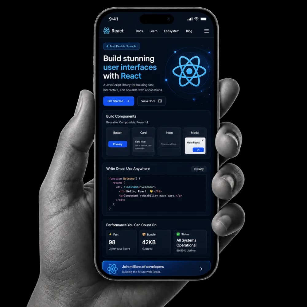 Hand holding a smartphone displaying a sleek mobile interface for custom ReactJS web development services, featuring a modern React-based website design.