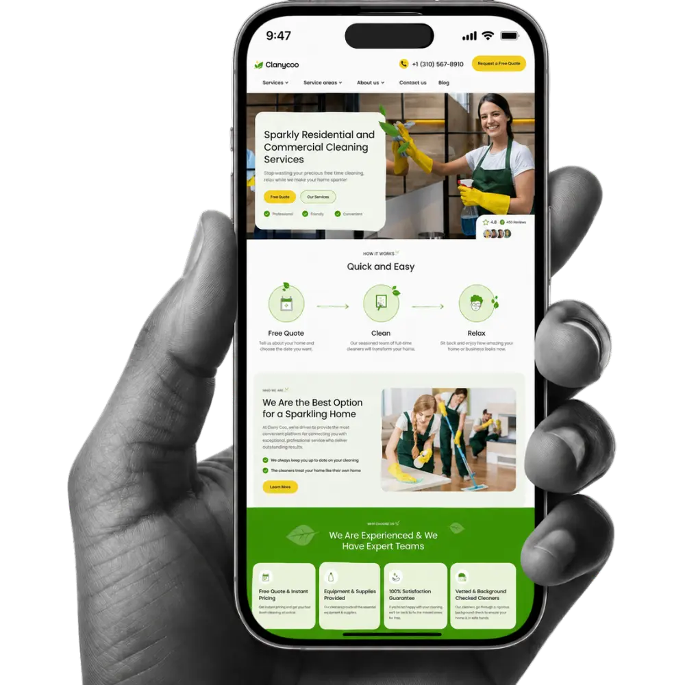 Professional home services website design on a tablet, showing service booking, project galleries, and customer reviews.