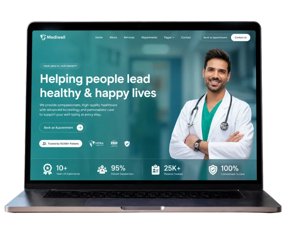 Medical practice website design displayed on a laptop screen with a modern healthcare homepage, doctor image, teal layout, appointment button, and patient care highlights.