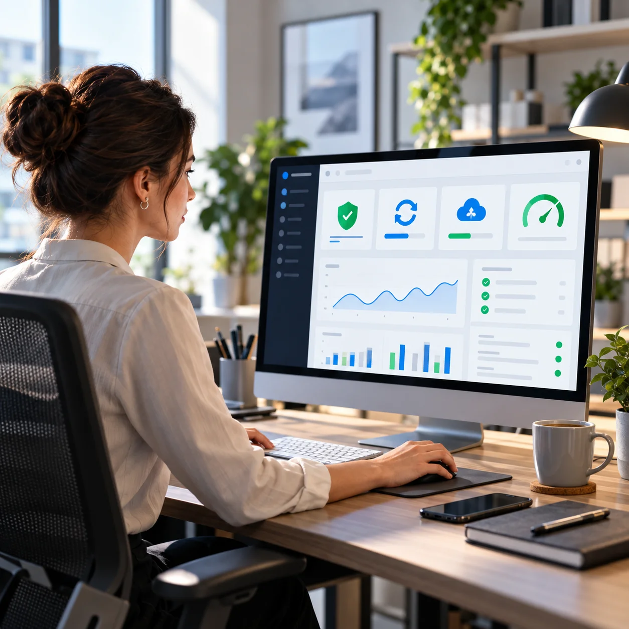 Man reviewing website updates, security checks, and performance reports as part of monthly website maintenance packages.