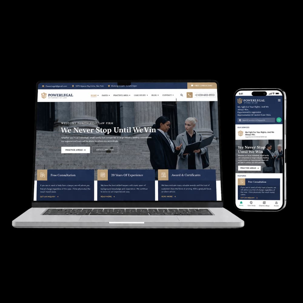 Laptop and phone showing a family lawyer web design with a clean law firm homepage on a light blue background.