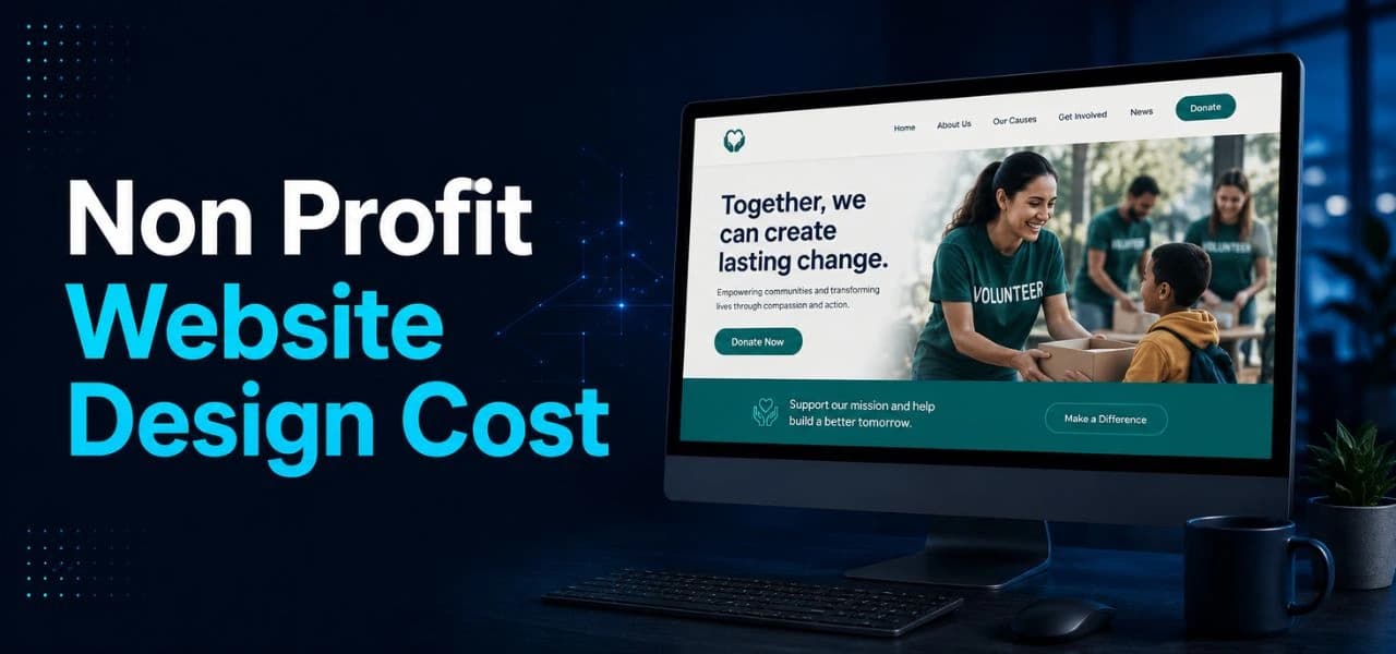 A modern banner for nonprofit website design cost, showing a nonprofit website on a desktop screen with volunteer imagery and a donation-focused layout.